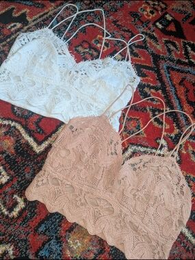 Free People Lace Bralette Set in White and Dusty Rose